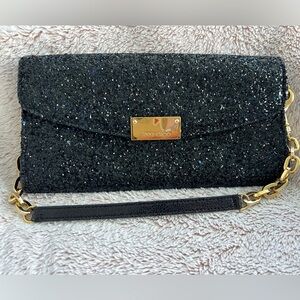 Jimmy Choo Black Glitter clutch with removable Chain, Excellent Loved Condition